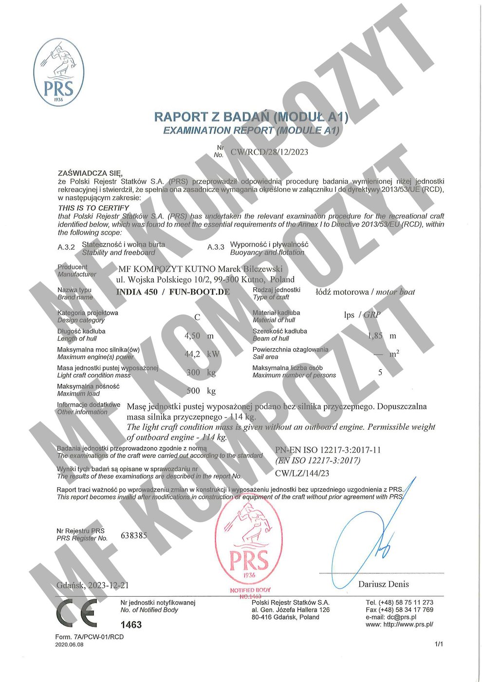 Raport z badań PRS dla łodzi INDIA 450 — dokument modułu A1 z danymi kadłuba i limitem mocy 44,2 kW